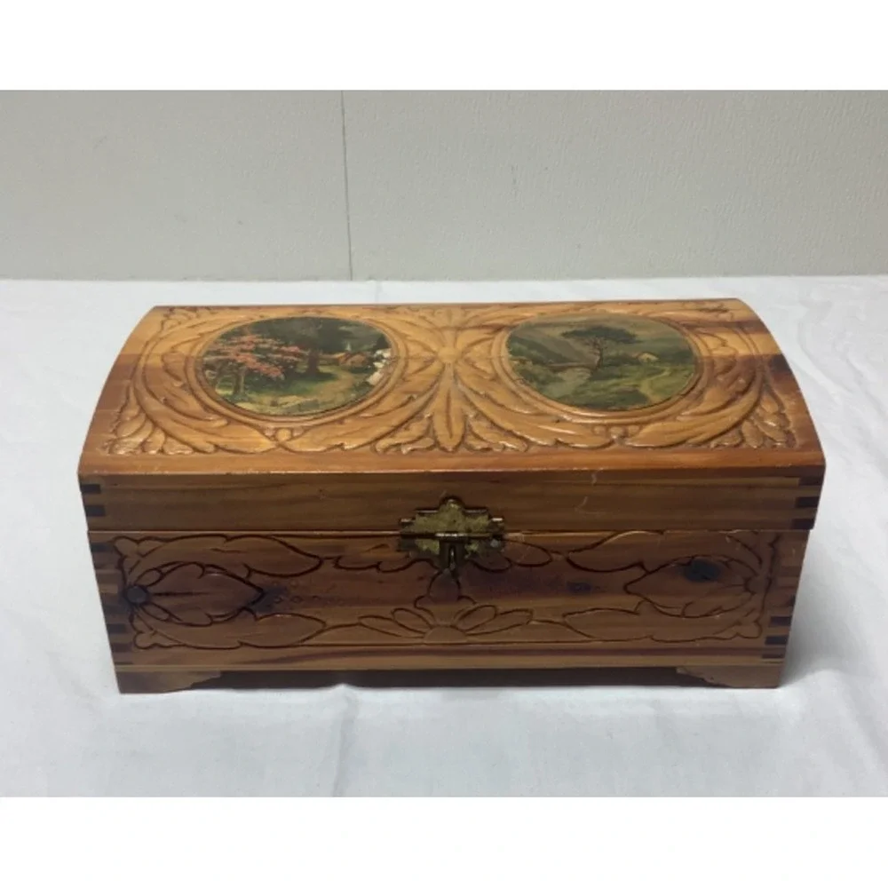 Vintage Carved Cedar Chest Wood Jewelry Box 11 x 6